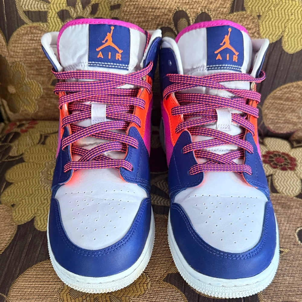 (GS) Jordan Mid Fire Pink Kids Sneakers - Pink, Blue, and White